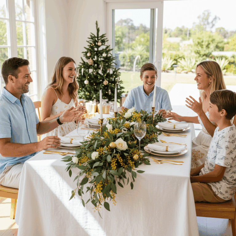 family sitting at Christmas dinner table